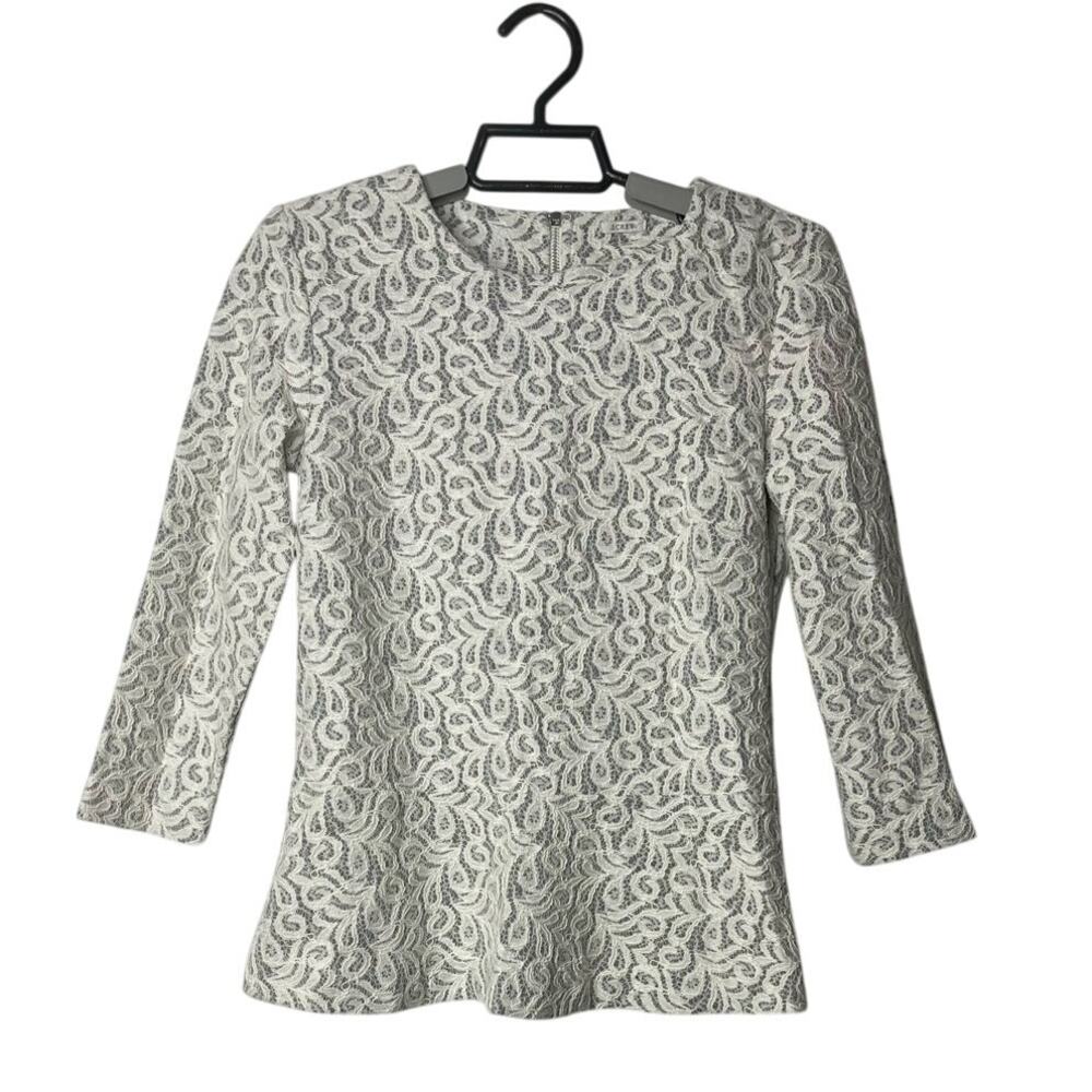 J.Crew White Lace Over Gray Cotton Peplum Top Blouse Shirt 3/4 Sleeve